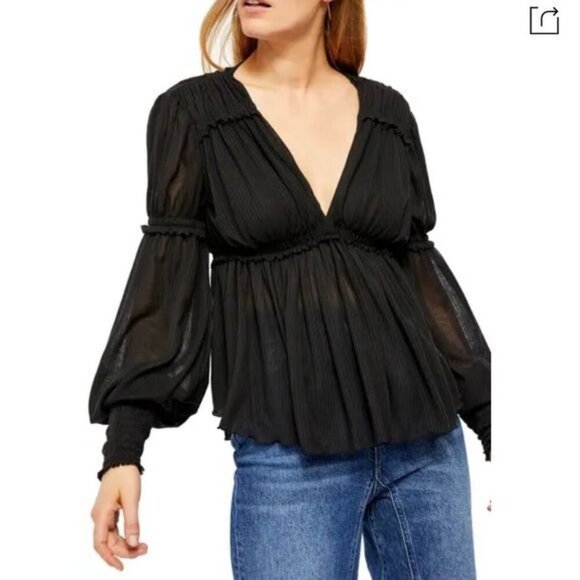 Free People Y2K Medium Day Dreaming Balloon Sleeve Sheer Top Black - Picture 1 of 9